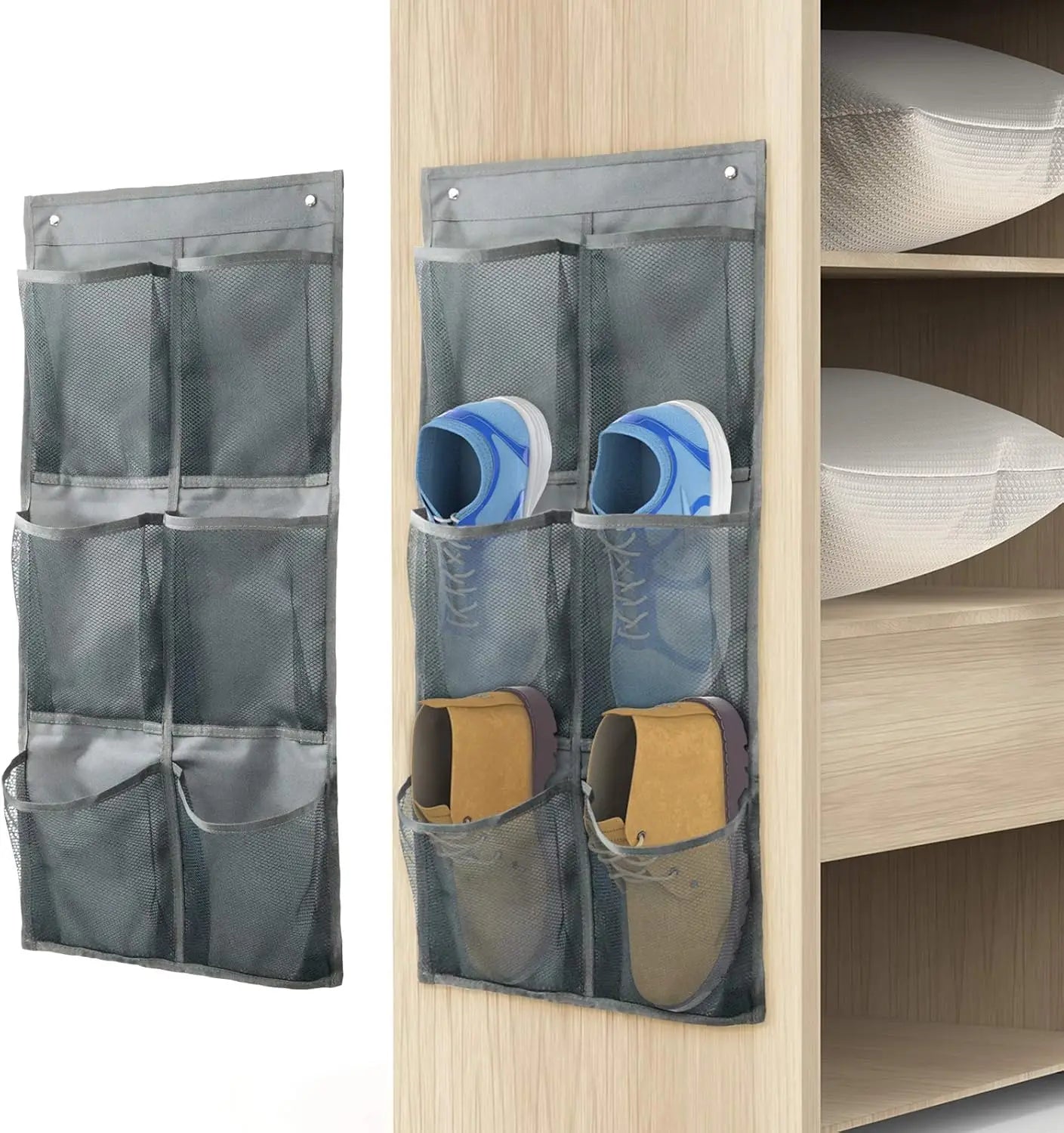 Gray shoe organizer hanging on a wooden door with shoes inside.