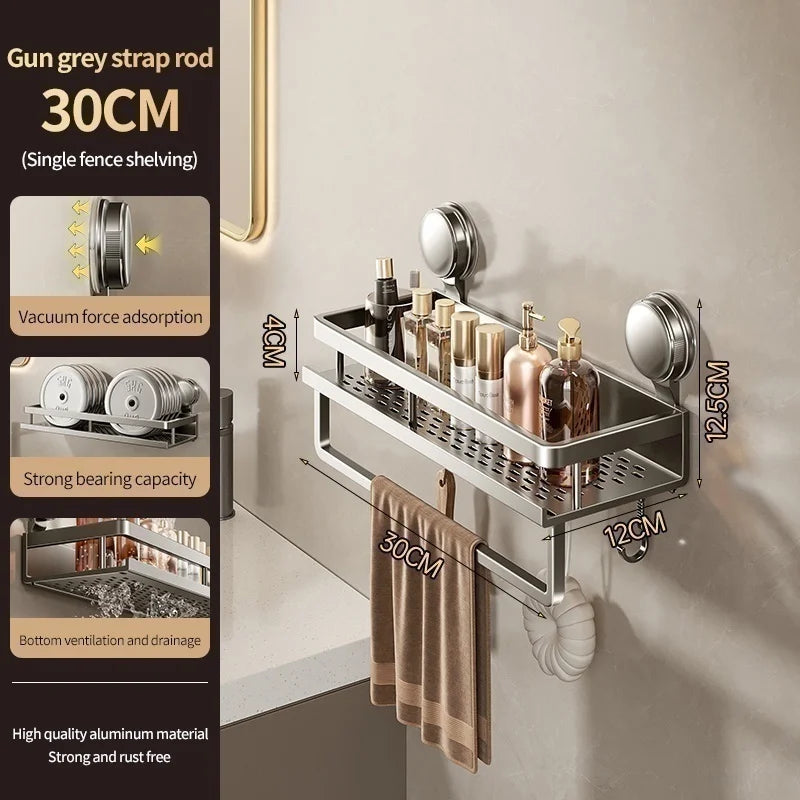 No-Drill Aluminum Suction Cup Bathroom Shelf Wall Organizer
