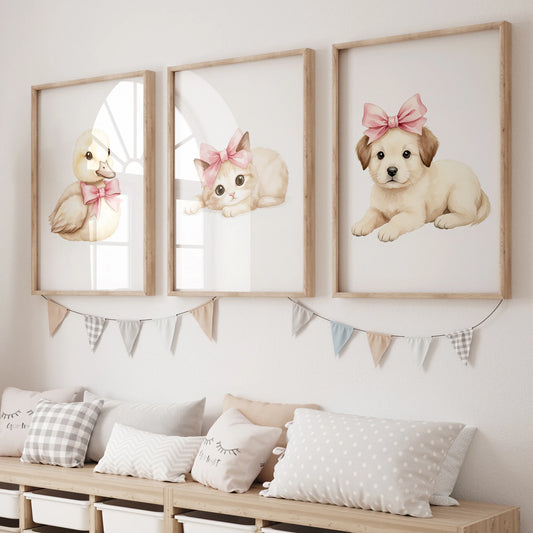 3-Piece Cartoon Animals Pink Bow Canvas Wall Art | Kids Decor Canvas Wall Art Set Peaceful Pleasures Health and Wellness GP053-3pcs 50x70cm Unframed