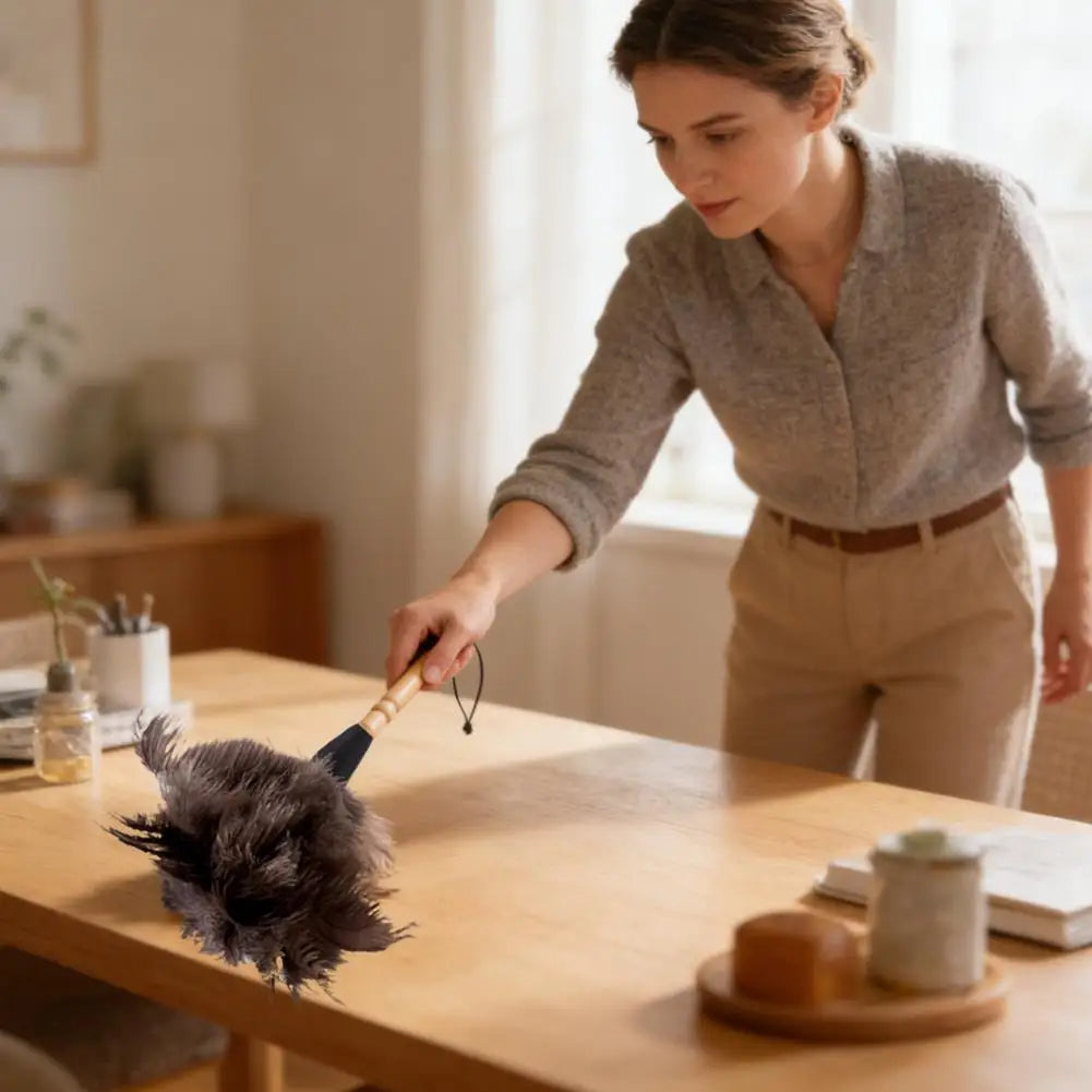 Premium Ostrich Feather Duster with Solid Wood Handle Anti-Static Dust Removal Tool for Home Furniture Cleaning Performance Prop Peaceful Pleasures Health and Wellness