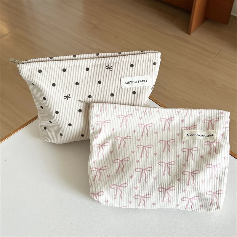 Corduroy Travel Makeup Bag with Bow – Zipper Cosmetic Pouch