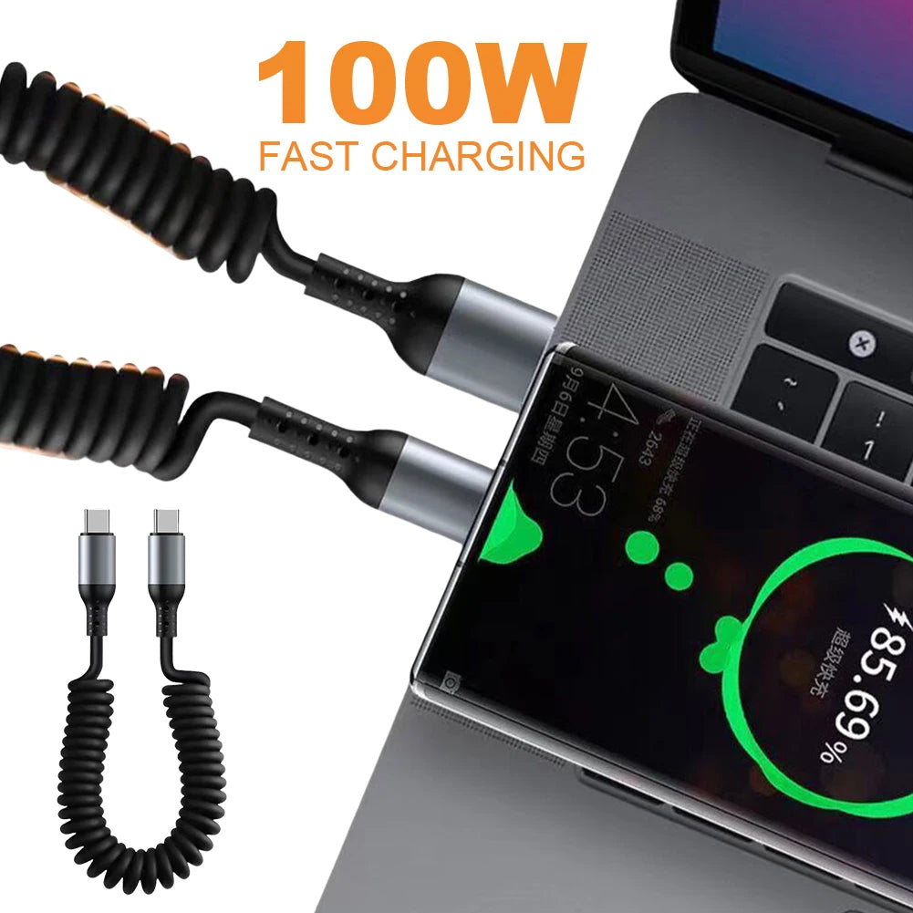 100W USB-C Coiled Fast Charging Cable – Retractable 6A Spring Peaceful Pleasures Health and Wellness