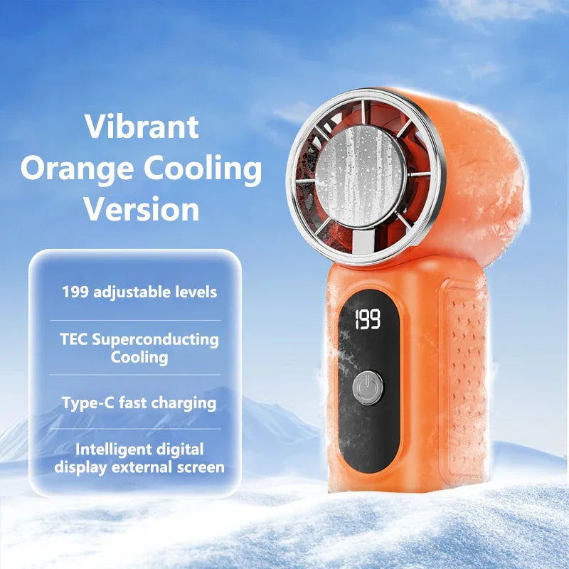 Lenovo Turbo Fan Bladeless Handheld Mini High Speed Fan USB Rechargeable Strong Wind Cooling Fan Ice Compress for Travel Office Peaceful Pleasures Health and Wellness Orange