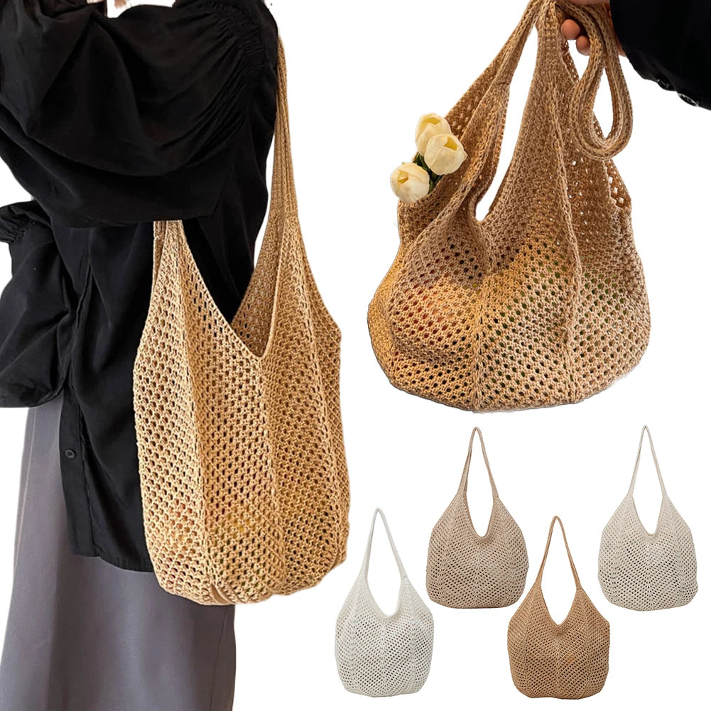 Knitted Hobo Shoulder Bag | Hollow-Out Tote for Women Peaceful Pleasures Health and Wellness