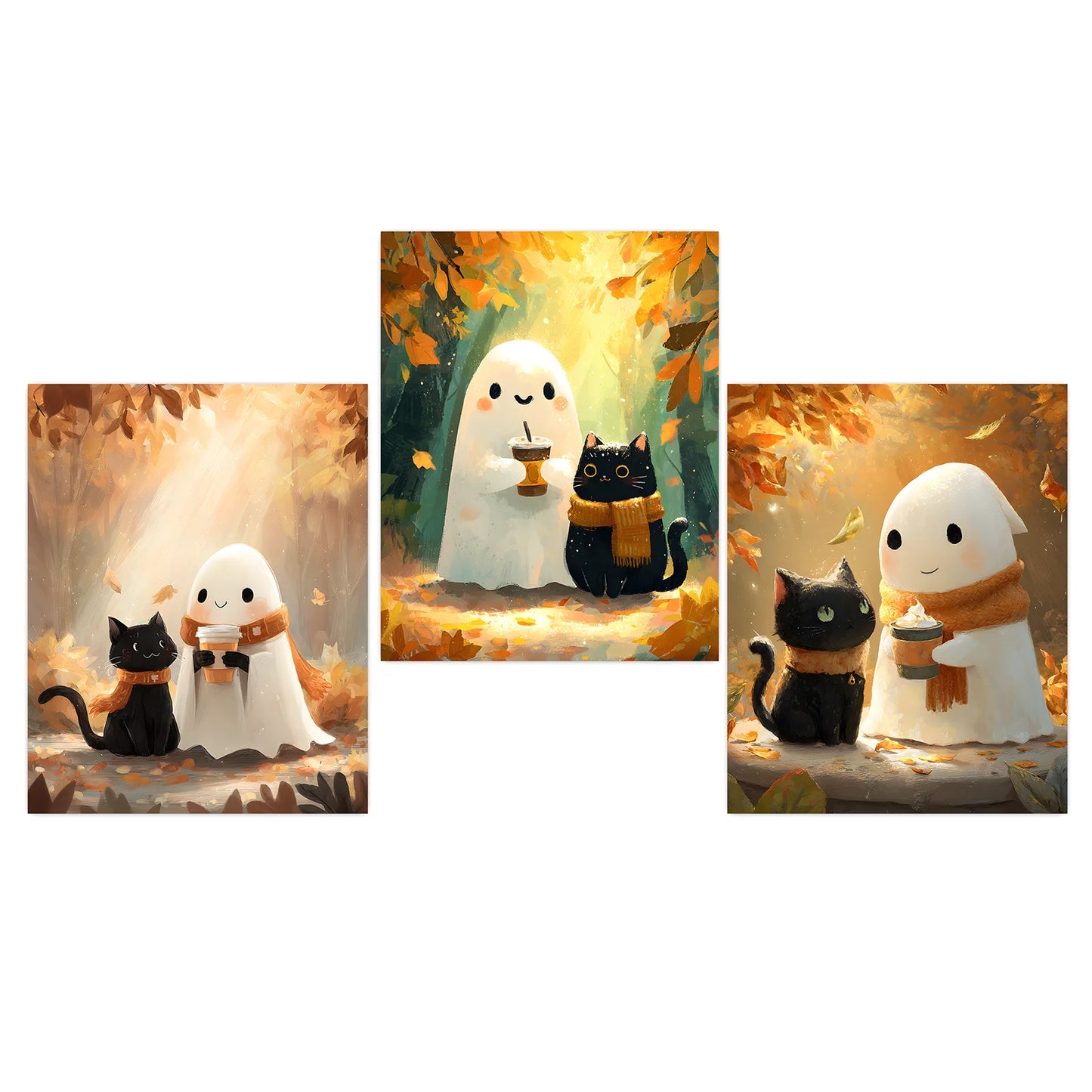 Animal Wall Art, Nordic Cute Ghost and Black Cat Canvas Painting, Halloween Poster Print for Bedroom Living Room Wall Decor Peaceful Pleasures Health and Wellness 01 50x70cm NoFrame China Mainland
