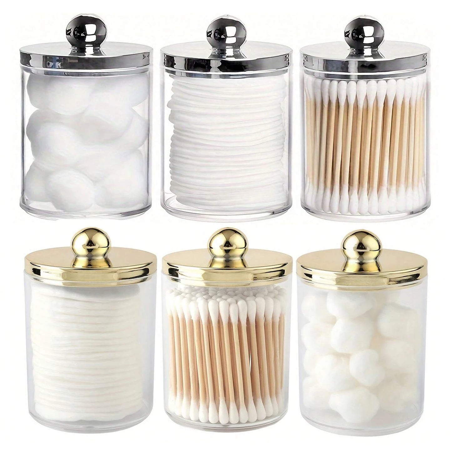 Acrylic Round Q-tip Holder & Cotton Ball Dispenser – Bathroom Organizer Jars (1, 2, or 3 Pcs)