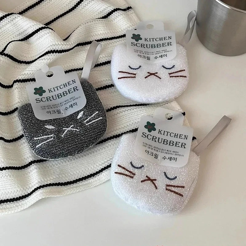 New Korean Style Cartoon Cat Kitchen Sponge Scouring Pad Set Thick Dishwashing Cloth Pot Brush Cleaning Wipe Rag for Household Peaceful Pleasures Health and Wellness