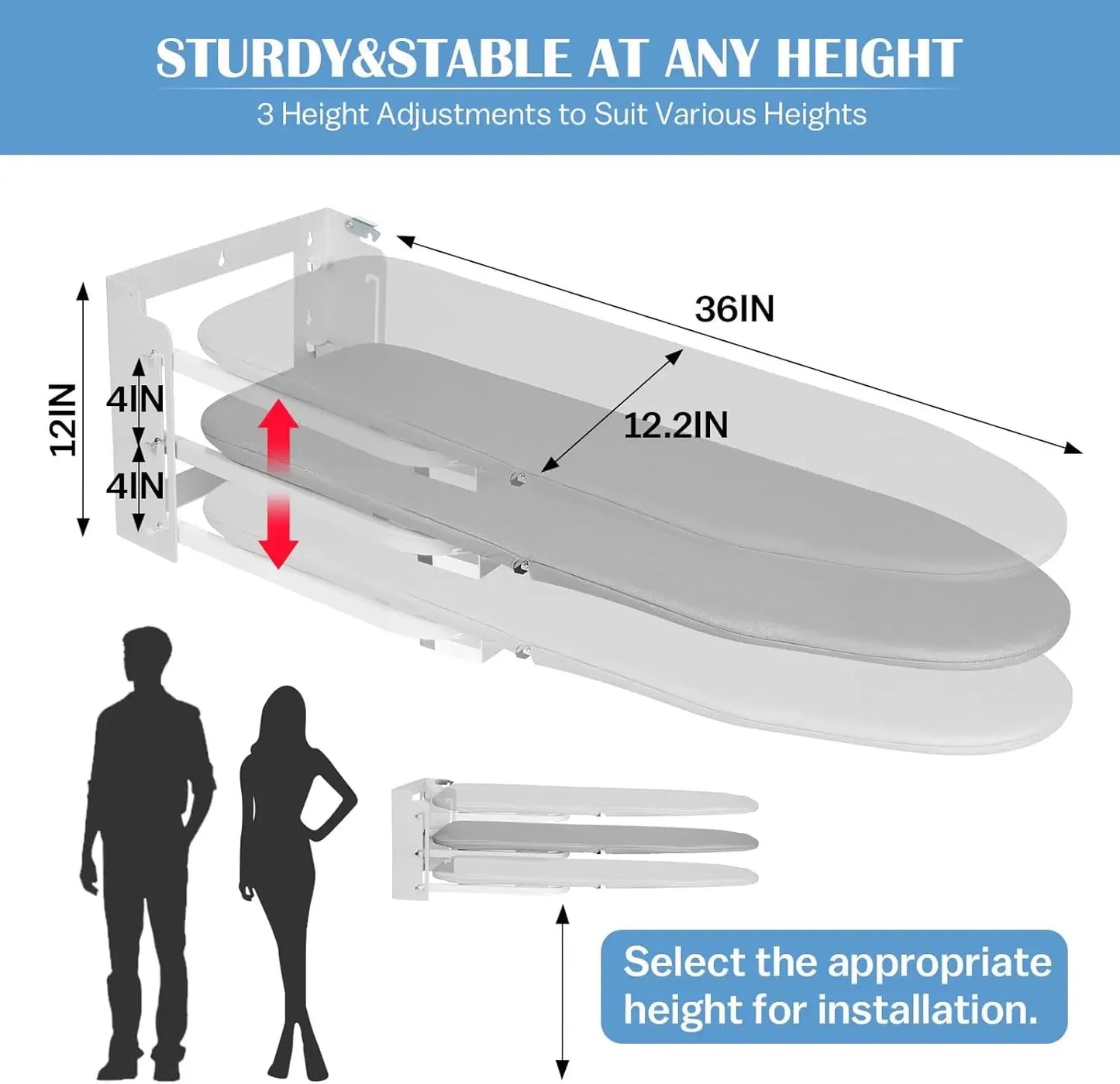 Adjustable Wall Mount Ironing Board, 36x12 Inch Foldable Space-Saving Design with Heat Resistant Cover Peaceful Pleasures Health and Wellness
