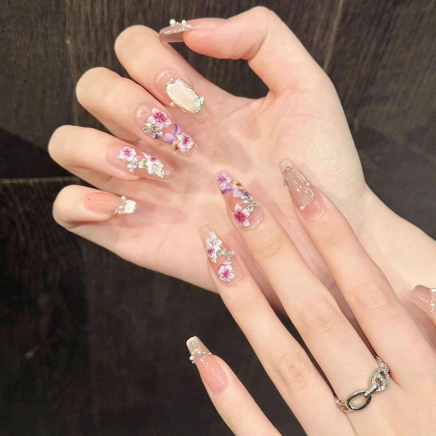 Handmade Cat Eye Press On Nails | Floral Korean Pink 10pcs