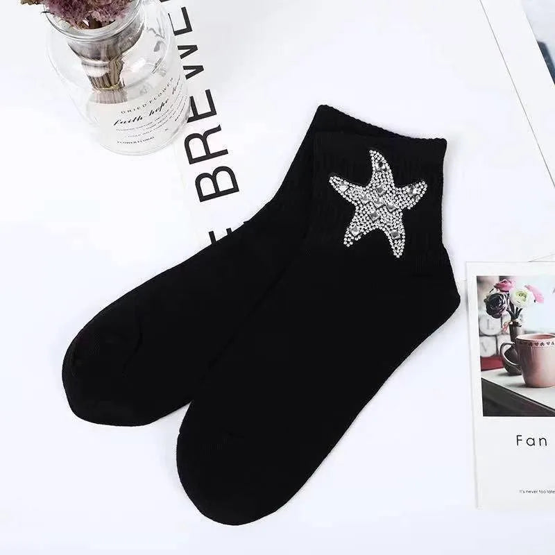New Rhinestone Decorative Socks, Fashionable Diamond Sparkling Socks, Cute Cartoon Animal Pattern Comfortable Low Cut Socks Peaceful Pleasures Health and Wellness Blue 36-42