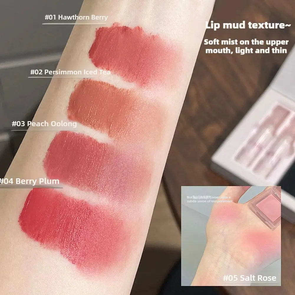 Lipstick & Blush Gift Box Set – 4 Lip Muds + Powder Blusher
