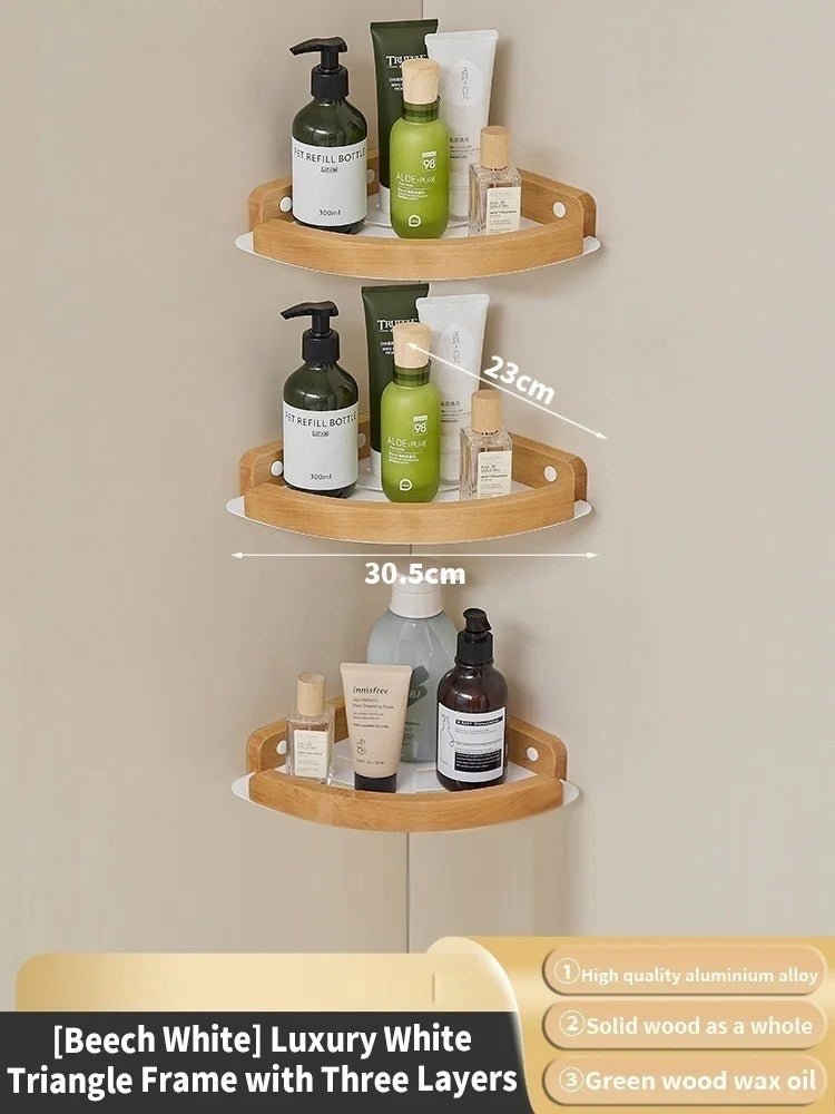 Wood Corner Wall Shelf – Bathroom Organizer Rack | Triangular
