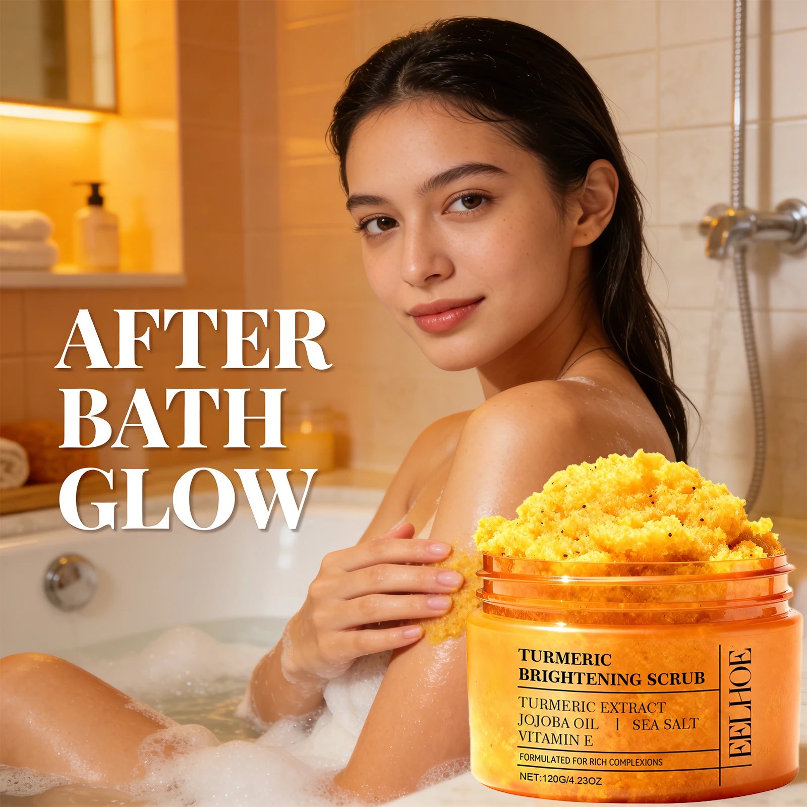 Turmeric Vitamin E Exfoliation scrub Smoothing Brightening Skin Care Reduce Dark Spots refreshed Turmeric Body Scrub Cosmetics Peaceful Pleasures Health and Wellness