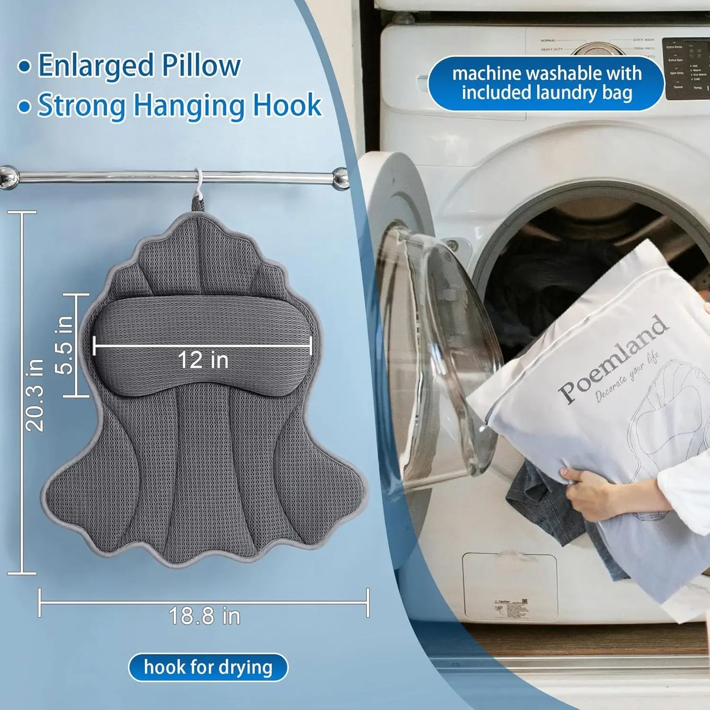 Luxury Bath Pillow with 6 Suction Cups, Ergonomic Head & Neck Support, Soft 4D Mesh for Tub Relaxation (Grey) Peaceful Pleasures Health and Wellness
