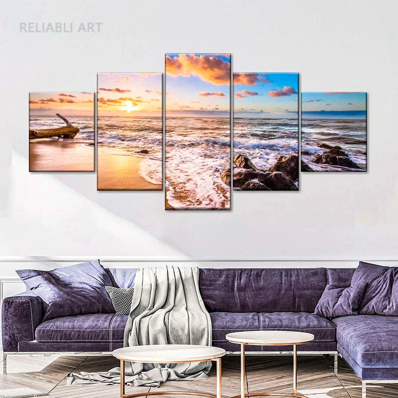 5pcs Cleopatra Ocean Canvas Painting Wall Art Orange Sky Ocean Beach Multi Turkey Sand Beach Sunrise Wall Decor No Frame Peaceful Pleasures Health and Wellness 5pcs 10 20x35-20x45-20x55cm