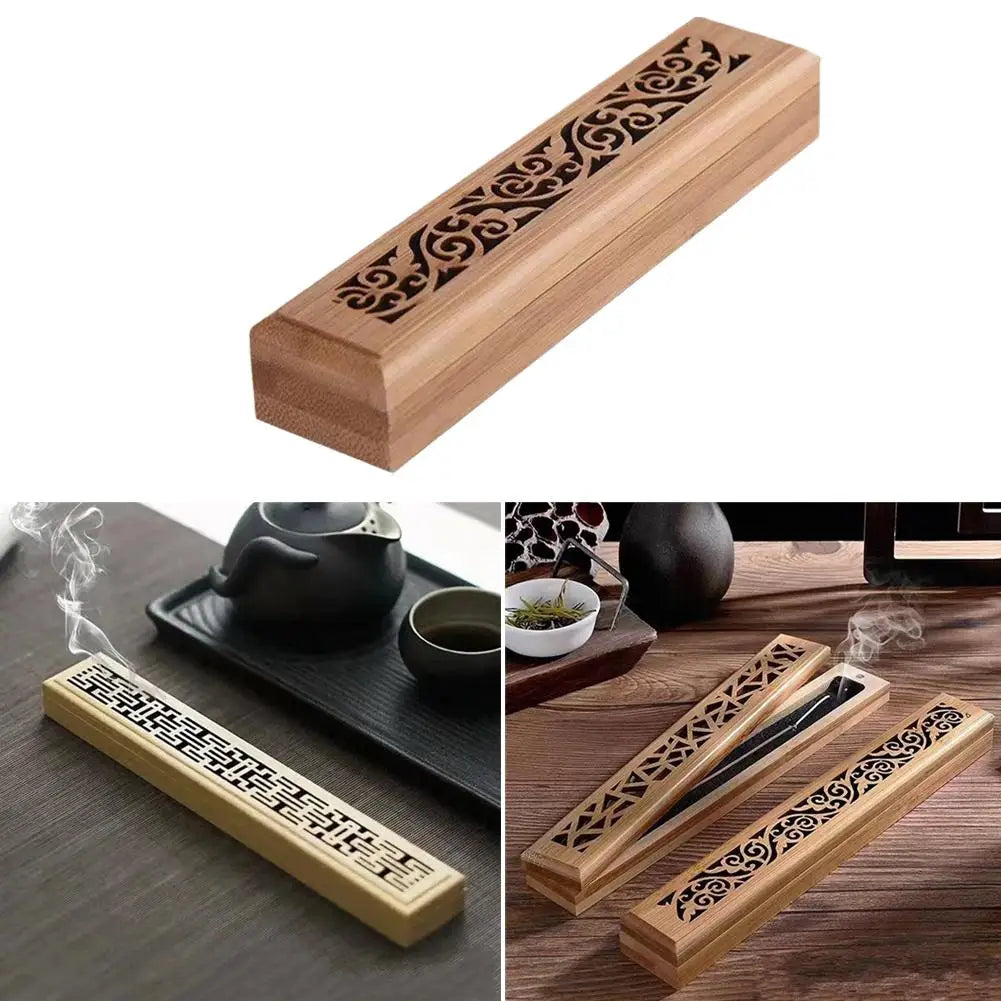 Natural Bamboo Incense Burner Box with Lid & Ash Tray