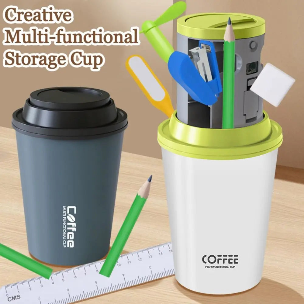 7 in 1 Children's Stationery Set Coffee Cup Shape with Fan Children's Creative Stationery Cup Stapler with Lamp Peaceful Pleasures Health and Wellness