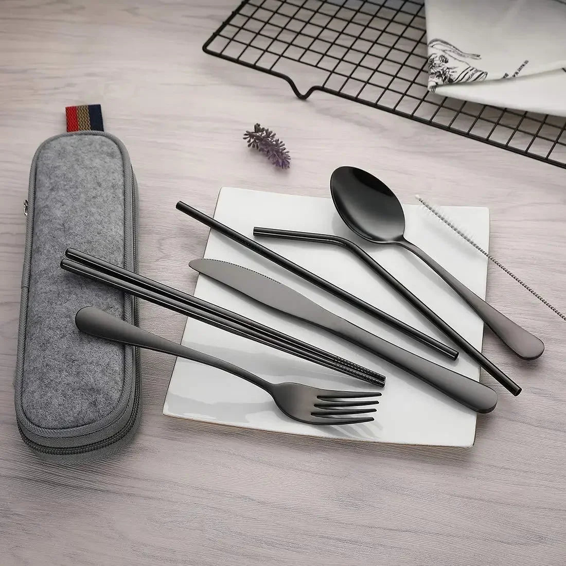 8-Piece Reusable Stainless Steel Travel Cutlery Set – Portable Utensils with Spoon, Fork, Chopsticks, Straw & Case