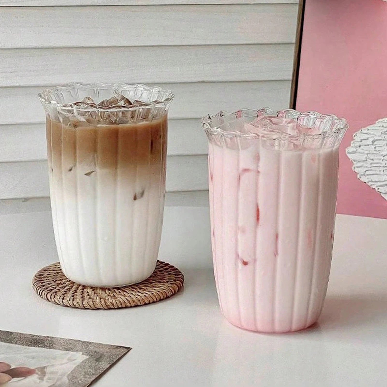 Transparent Glass Striped Cup Easy to Clean Vintage Cocktail Latte Mugs Suitable for Ice Cream Milkshakes Peaceful Pleasures Health and Wellness