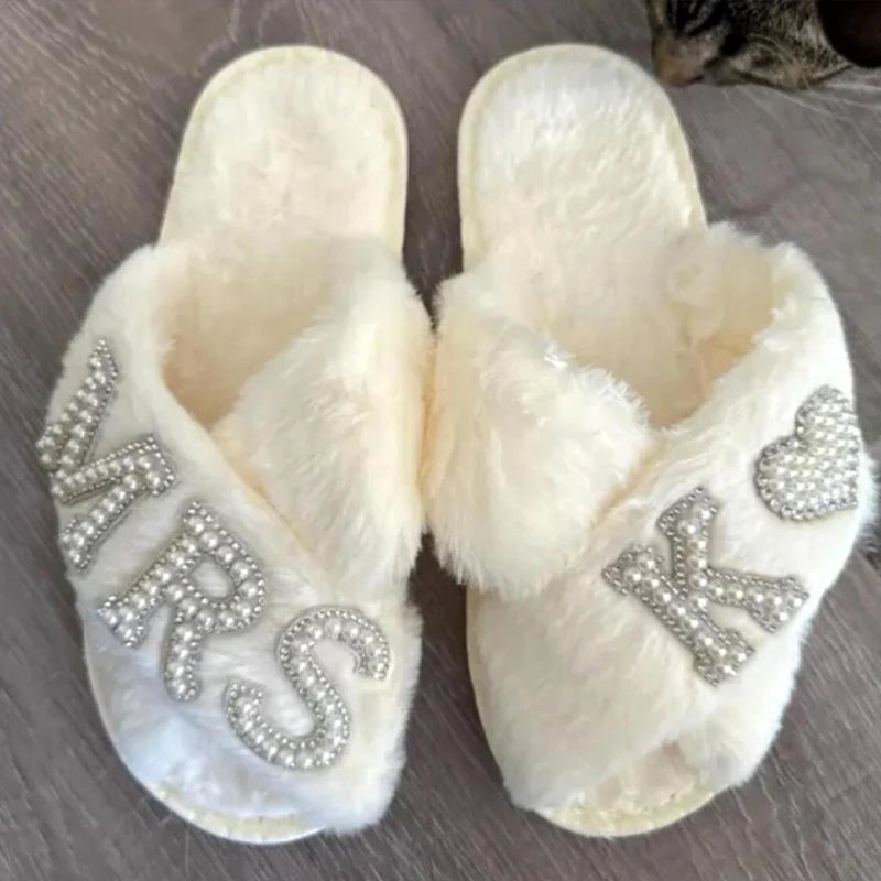 Personalized Pearl Letter Fluffy Slippers | Bridal & Mrs Gift Bridal Slippers Peaceful Pleasures Health and Wellness