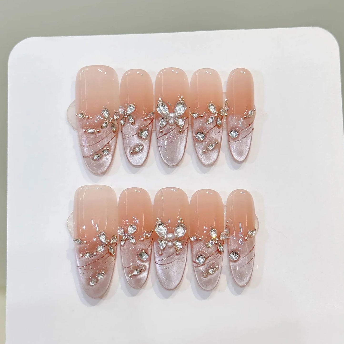 10pcs Handmade Press on Nails Pink Butterfly Design Fake Nails Wearable Reusable Glitter Cat Eye Sweet Korean False Nail Tips Peaceful Pleasures Health and Wellness L 1