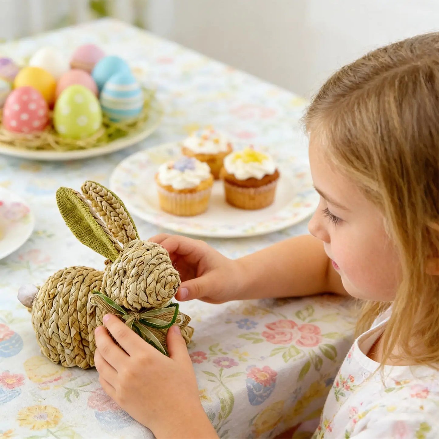 Woven Easter Bunny Figurine | Rustic Spring Rabbit Decor Statue