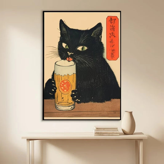 Retro Japanese Black Cat Canvas Wall Art Print Poster Canvas Wall Art Peaceful Pleasures Health and Wellness G4696 21x30cm Black Framed