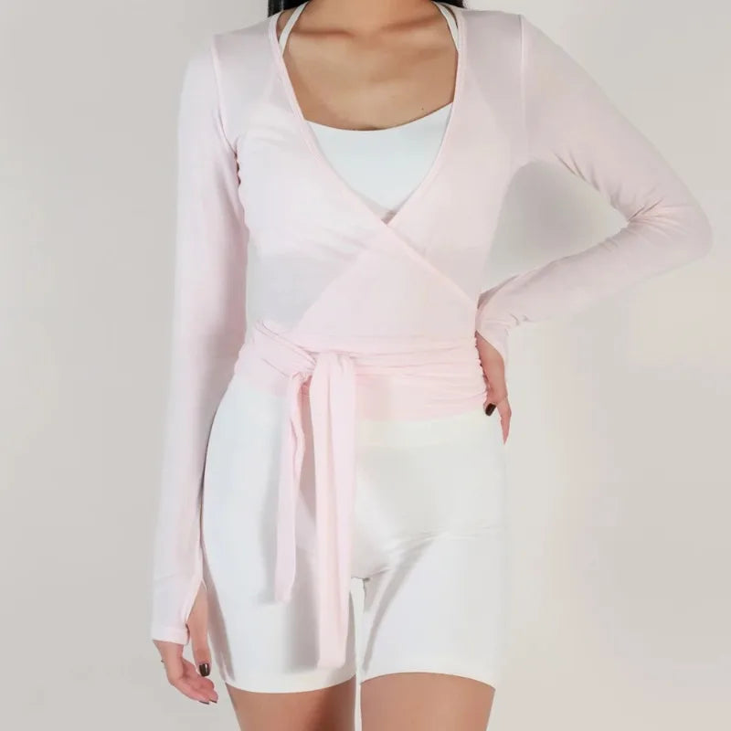 Women's Wrap Tie Front V-Neck Long Sleeve Yoga Sports Top