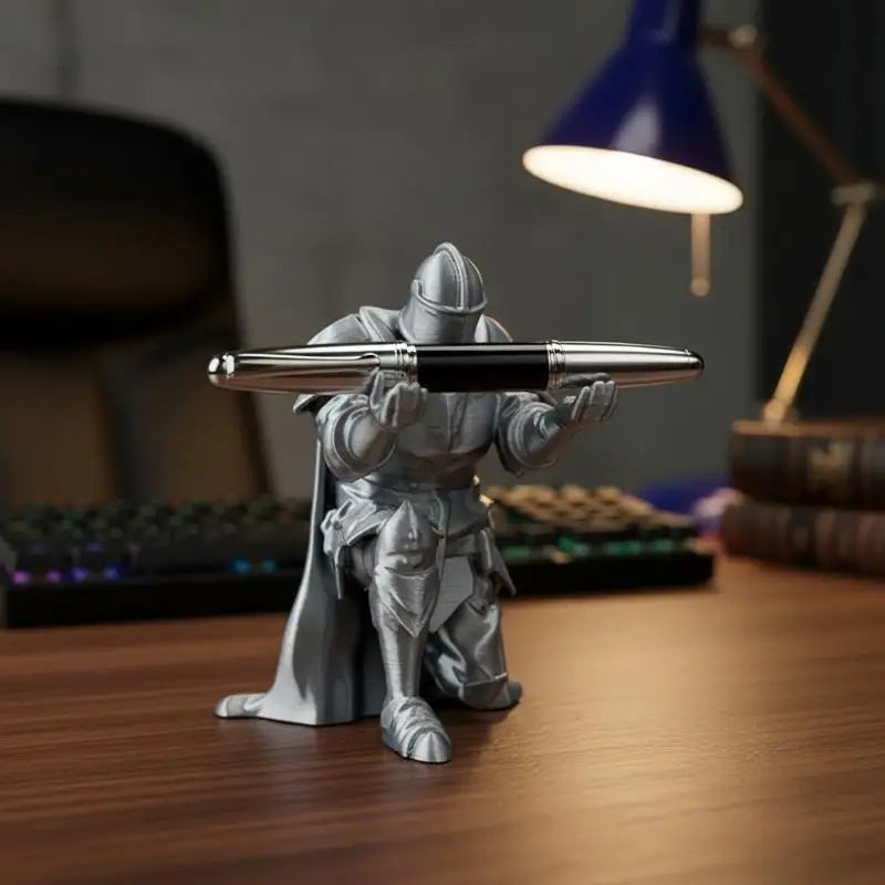 Kneeling Knight Pen Holder | Armored Knight Desk Organizer