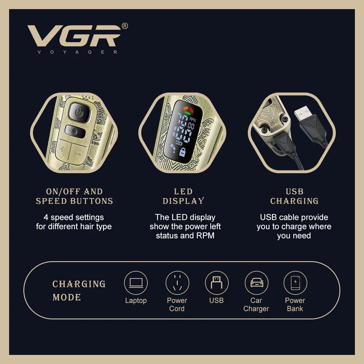 VGR V-643 Men's Hair Clipper | LCD Display & Retro Metal Body