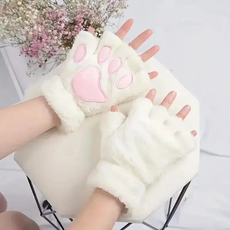 Cat Paw Fuzzy Fingerless Gloves – Soft Plush Winter Mittens