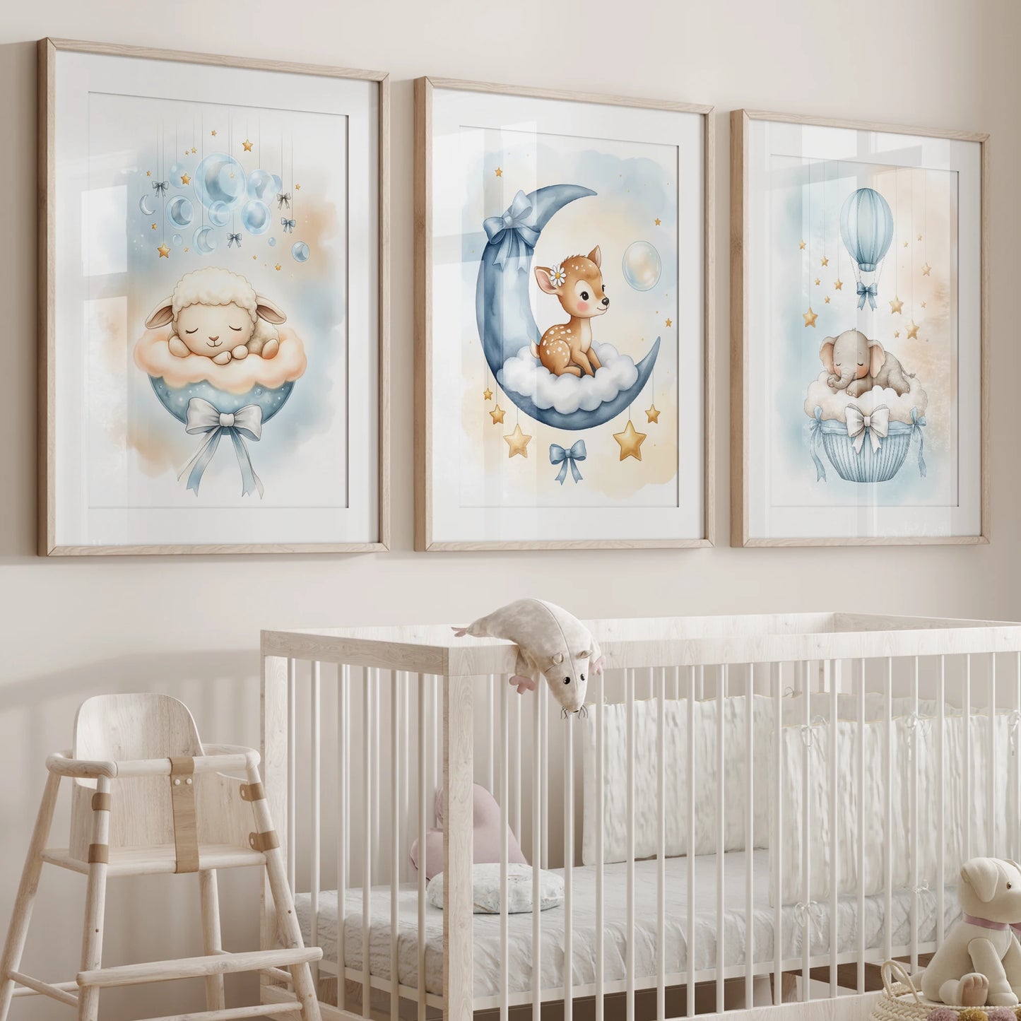 Cartoon Blue Deer & Elephant Kids Room Canvas Wall Art Print