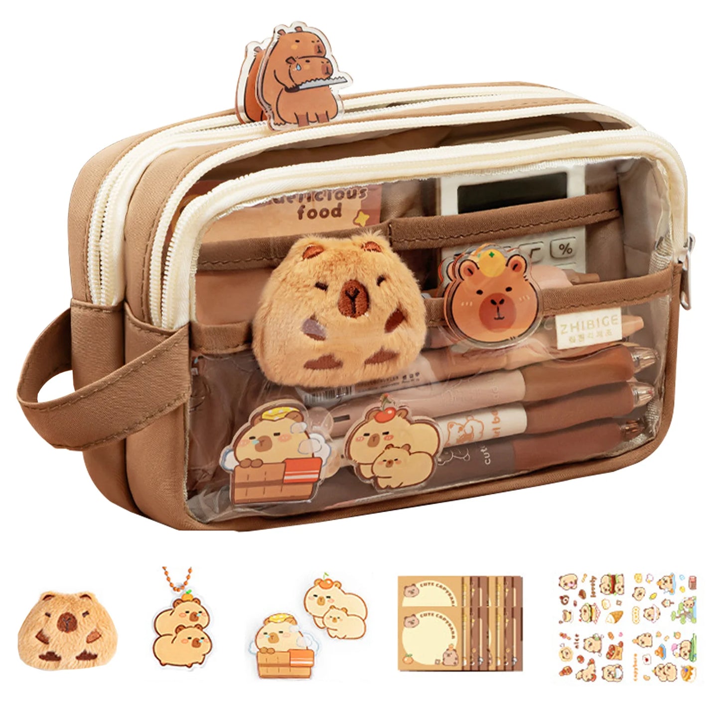 cute Capybara Print Large Capacity Pencil Case, Clear Stationery Organizer Bag for School Office Art Supplies Storage Girls Kids Peaceful Pleasures Health and Wellness Coffee B