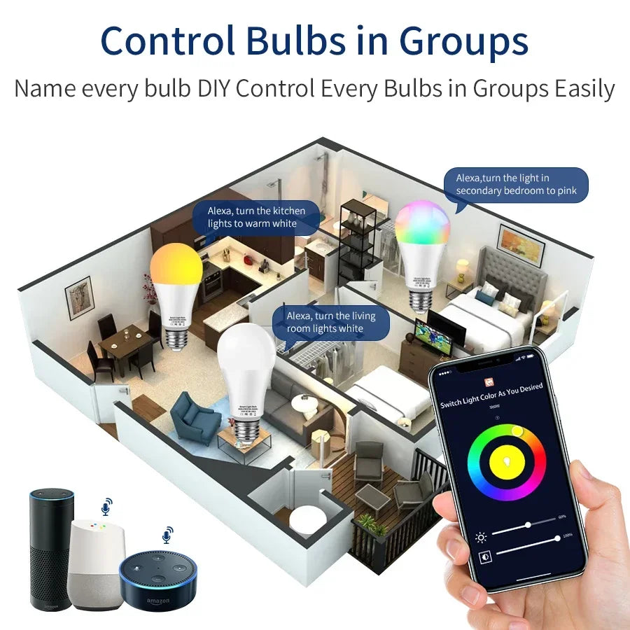 220V 110V 10W 15W 20W Tuya WiFi LED Light Bulb RGB+WW+CW E27 Smart Alexa Lamp Compatible with Alexa Google Home Smart Life APP Peaceful Pleasures Health and Wellness