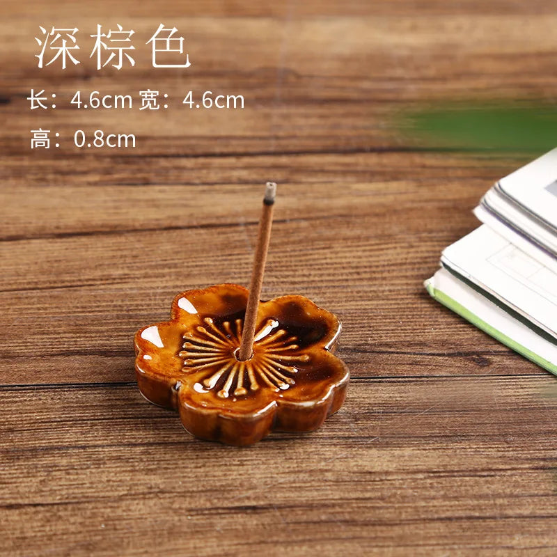 Ceramic Cherry Blossom Incense Holder Wax Melt Burner Holder Aromatherapy Office Teahouse Living Room Ornament Insence Burner Peaceful Pleasures Health and Wellness dark brown