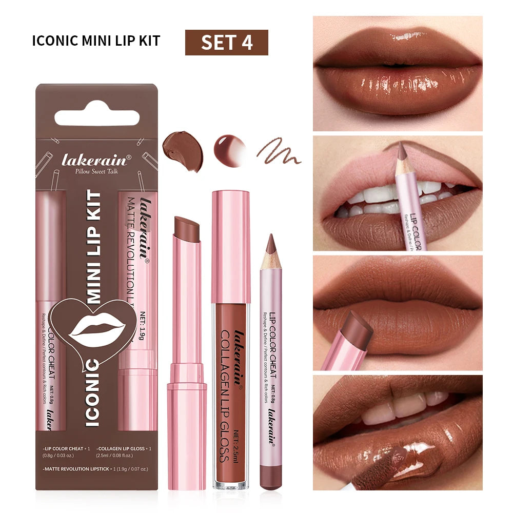 Lipliner&Lipstick Lip Gloss Set 3pcs/set Waterproof Long Lasting Lip Makeup Matte Travel Mini Set Women's Makeup Cosmetics Peaceful Pleasures Health and Wellness set4