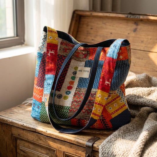 Double-Sided Bohemian Denim Canvas Tote Bag Vintage Contrast Color Commuter Handbag For Women Peaceful Pleasures Health and Wellness