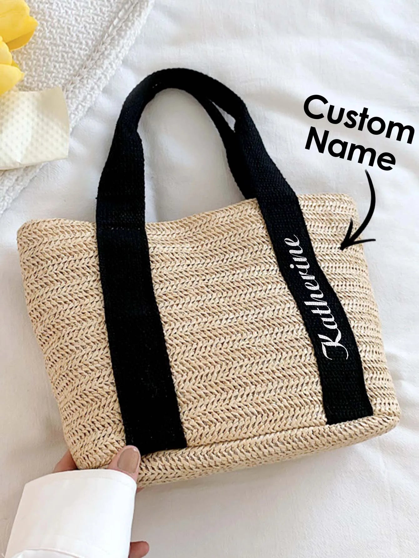 1pc Custom Name Handbag Personalized Tote Bag Woven Shoulder Bag Reusable Grocery Bag Gift for Mom Her Girlfriend Wife Birthday Peaceful Pleasures Health and Wellness Black One size