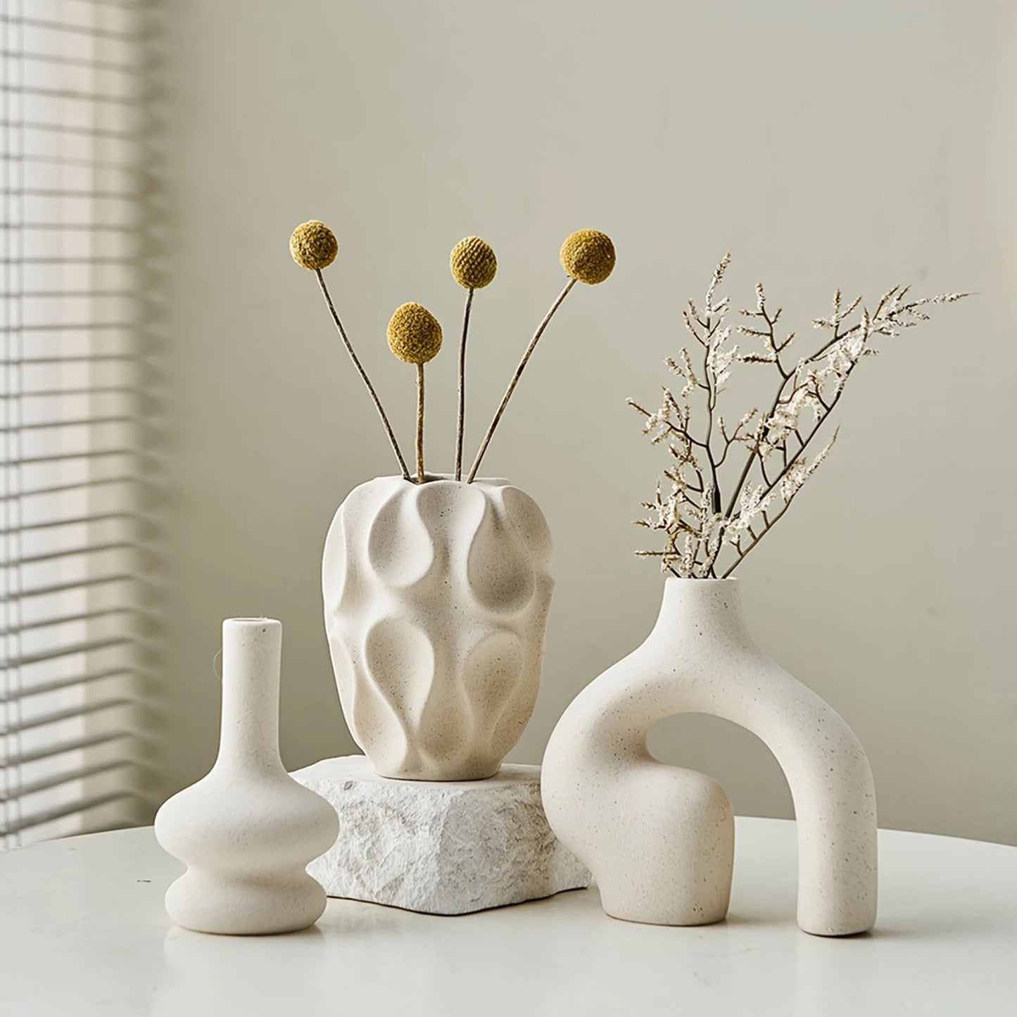 3pcs Bohemian Ceramic Vase Set Modern Minimalist Round & Donut Shape Geometric Pattern Perfect For Fashion Home Decoration Peaceful Pleasures Health and Wellness