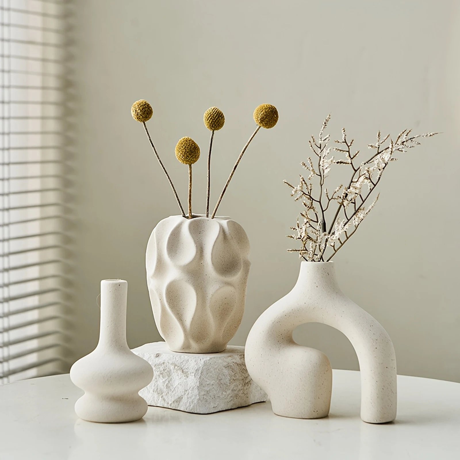 3pcs Bohemian Ceramic Vase Set Modern Minimalist Round & Donut Shape Geometric Pattern Perfect For Fashion Home Decoration Peaceful Pleasures Health and Wellness