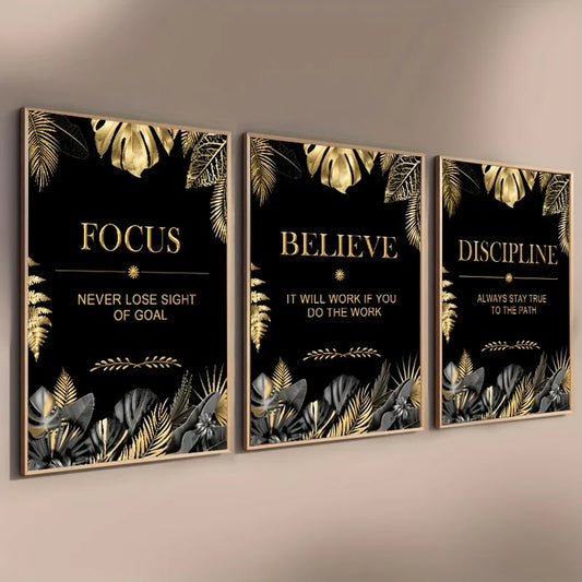 3pcs Luxury Art Canvas Wall Art Poster Believe Focus Discipline Motivation Inspirational Quote Poster Modern Home Decor Unframed Peaceful Pleasures Health and Wellness