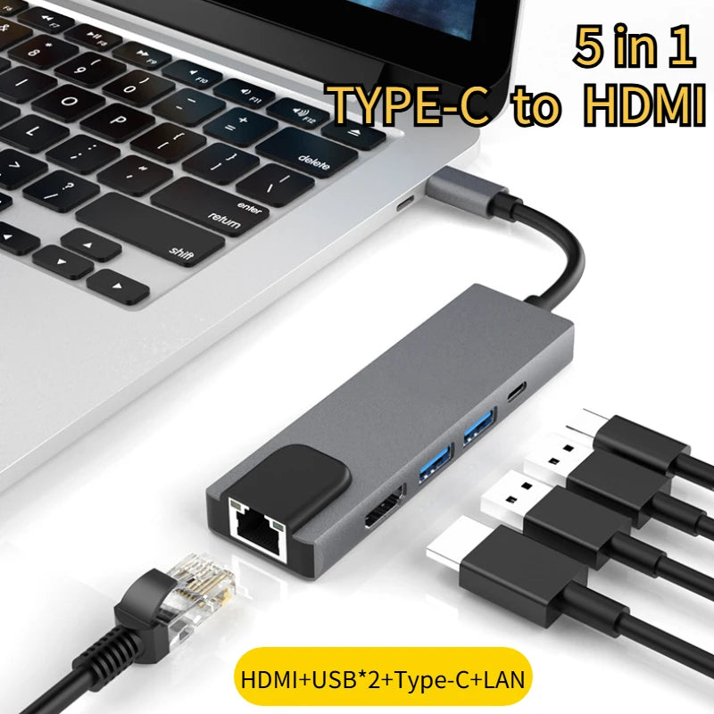 Type-C To 5Ports Docking Station HDMI 4K/RJ45 100M Splitter USB 3.0 5Gbps High Speed USB C 5 in 1 HUB Adapter For Laptop Macbook Peaceful Pleasures Health and Wellness