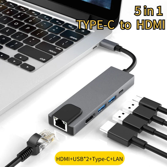 Type-C To 5Ports Docking Station HDMI 4K/RJ45 100M Splitter USB 3.0 5Gbps High Speed USB C 5 in 1 HUB Adapter For Laptop Macbook Peaceful Pleasures Health and Wellness