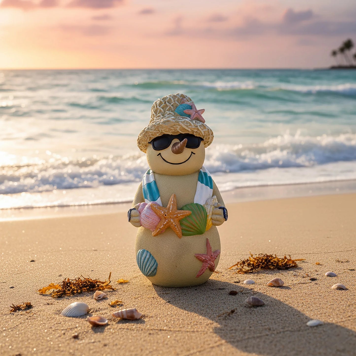 Christmas Beach Snowman Decor 18cm Ocean Theme Resin Ornament with Seashells for Holiday Tabletop Gift Display Peaceful Pleasures Health and Wellness