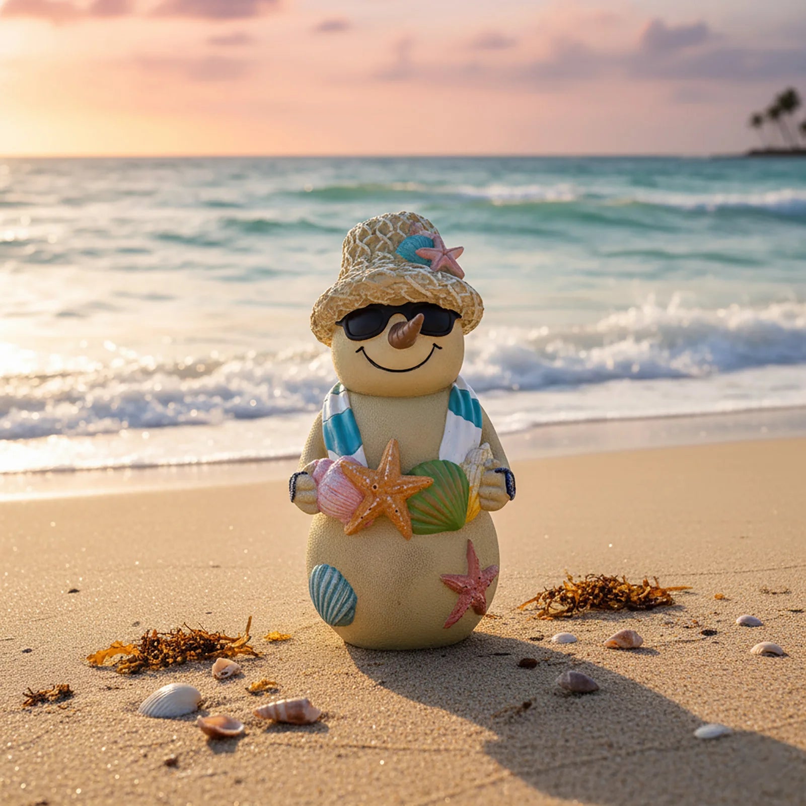 Christmas Beach Snowman Decor 18cm Ocean Theme Resin Ornament with Seashells for Holiday Tabletop Gift Display Peaceful Pleasures Health and Wellness