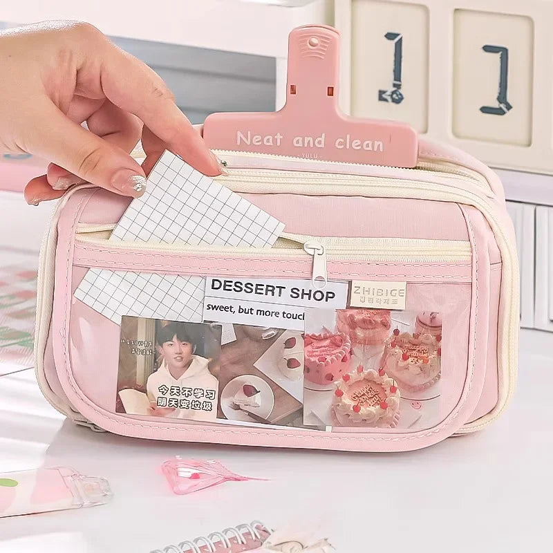 Pink Pencil Case Large Capacity 3 Compartments School Pencils Bag Zipper Pen Pouch Back To School For Girls Stationery Supplies Peaceful Pleasures Health and Wellness