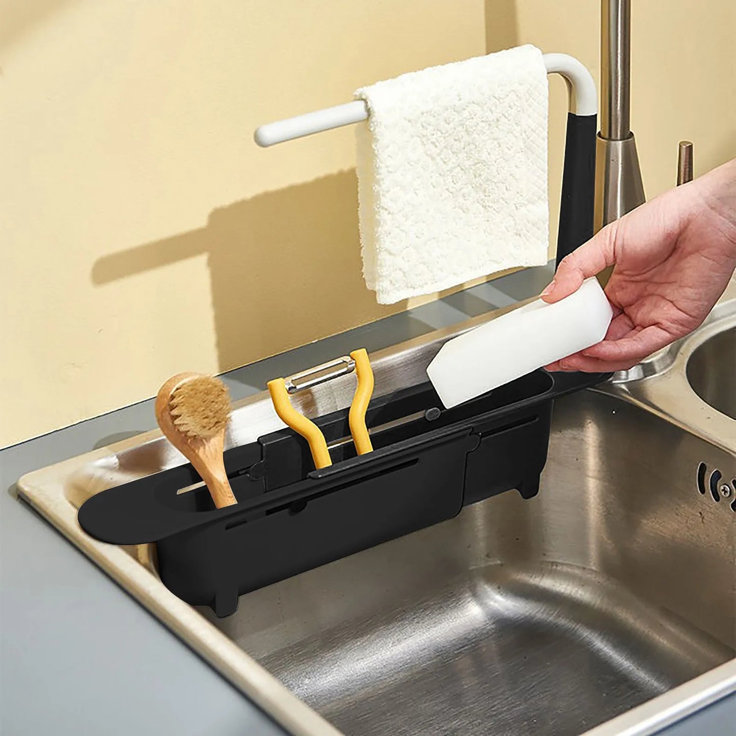 elescopic Sink Shelf Drainer Rack Kitchen Organizer Soap Sponge Holder Towel Rack Storage Organizer Basket Gadgets Accessories Peaceful Pleasures Health and Wellness