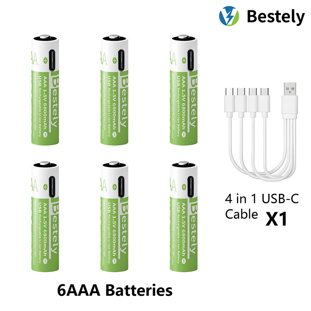 AAA Battery Rechargeable 2000+ Cycles 1.5V 6800mAh Li-ion Type-C Charging Triple Safety Long-Lasting Power Batteries Peaceful Pleasures Health and Wellness 6 pcs AAA Battery