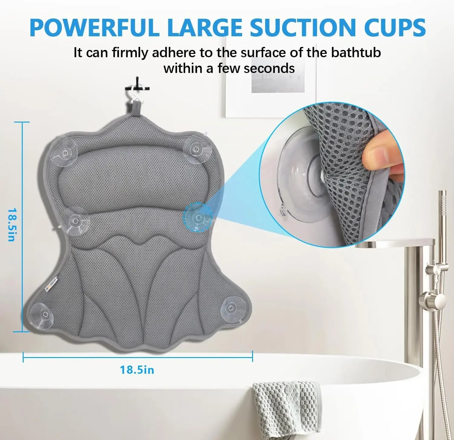 Luxury Bathtub Pillow – 6 Suction Cups, 4D Mesh Fabric, Grey Bath Accessories Peaceful Pleasures Health and Wellness