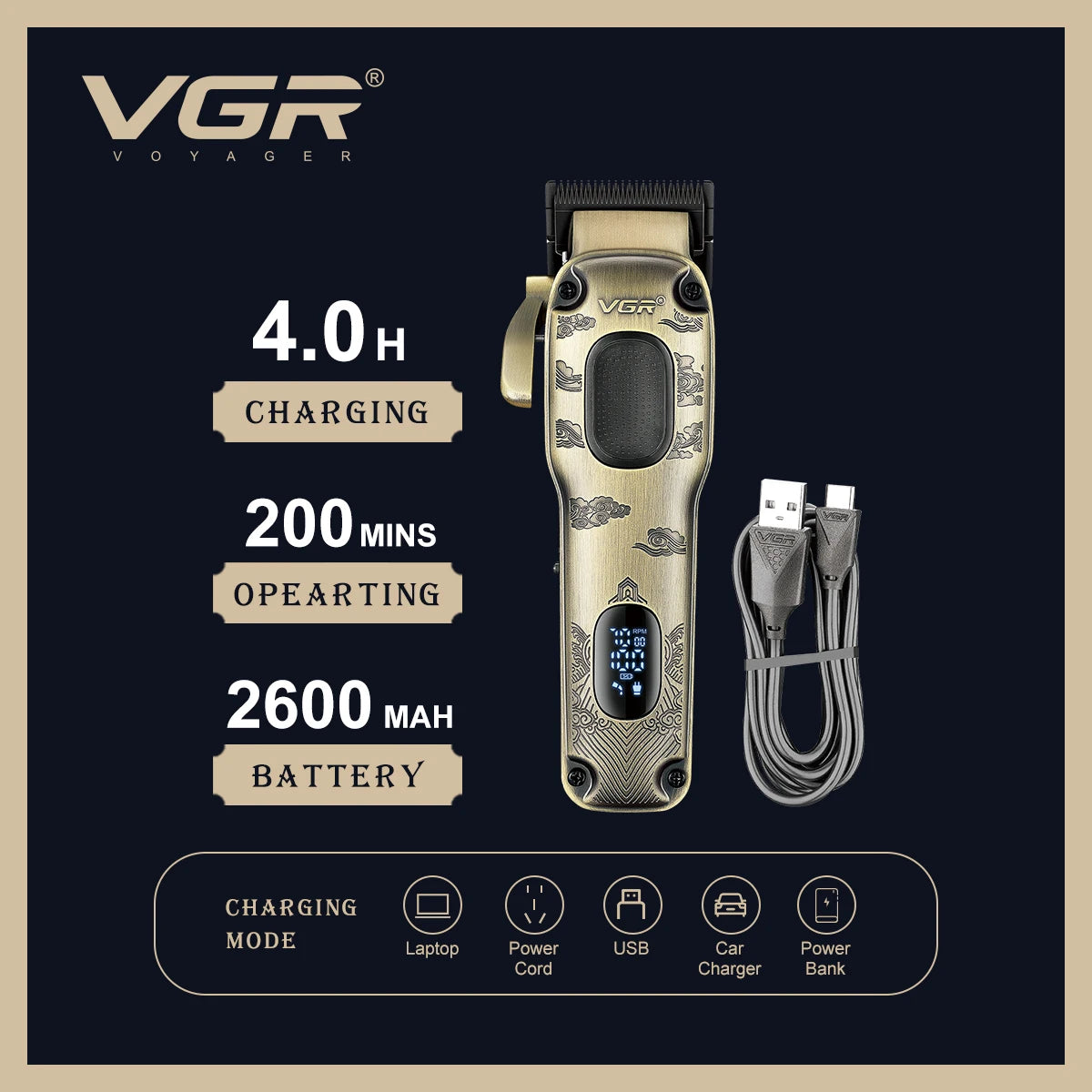 VGR new metal retro hair clipper intelligent LED digital display powerful power hair trimmer hair salon home push shear V-027 Peaceful Pleasures Health and Wellness